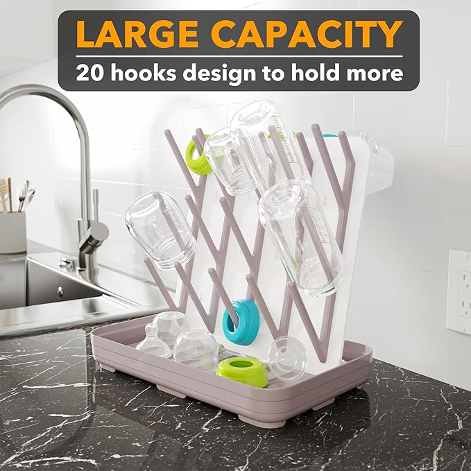 SpaceAid Baby Bottle Drying Rack with 20 Hooks, Space Saving Kitchen Bottles Rack Dryer, Vertical Baby Bottle Holder Organizer for Countertop Storage Accessories (White and Taupe)