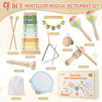 Baby Musical Instruments Set Montessori Wooden Music Toys for Toddlers 1 2 3 Neutral Color Percussion Music Kit with Drum, Xylophone,Storage Bag, Birthday Preschool Learning Gift for Boys Girls