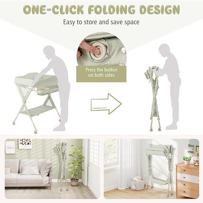 BABY JOY Portable Baby Changing Table, Foldable Diaper Changing Station w/Wheels, Adjustable Height, Large Storage Rack, Water Basin, Safety Belt, Mobile Nursery Organizer for Newborn Infant (Green)