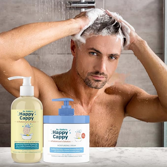 Happy Cappy Baby Shampoo and Body Wash and Moisturizing Cream Bundle - Eczema Body Wash and Lotion for Kids, Toddler, Adults, Helps with Dryness, Reduces Itching, Dermatologist Tested, Fragrance-Free