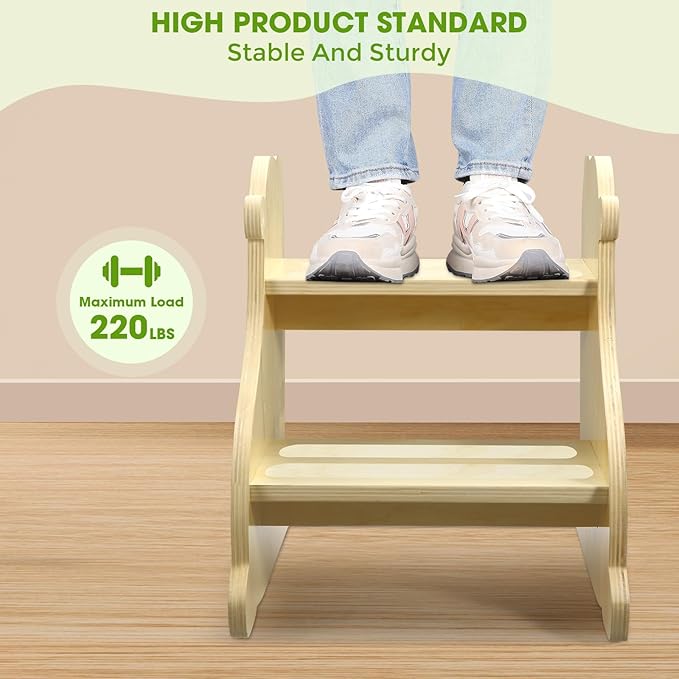 Toddler Step Stool, 2-Step Wooden Step Stool for Toddlers with Non-Slip Base, Cute Printed Design Potty Training Stool for Bathroom Sink, Kitchen & Bedroom (Panda)