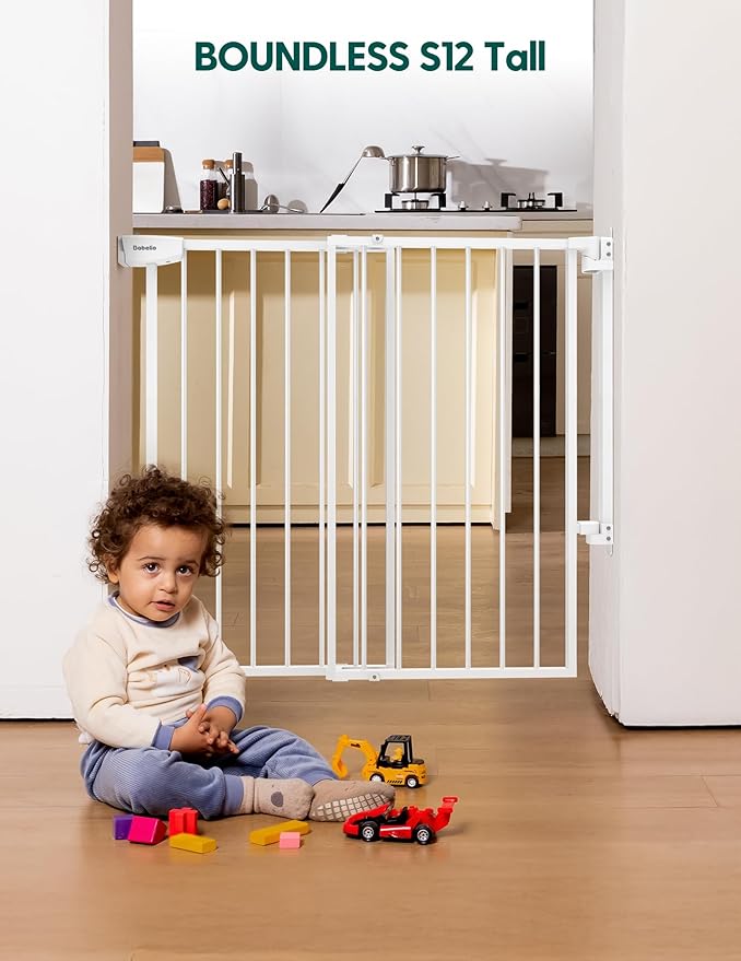 Babelio 34" Tall No Bottom Bar Baby/Dog Gate for Stairs, House and Doorways, 29.7-46.5" Auto Close Safety Pet Gates with Large Walk Thru Door, Hardware Mount, White