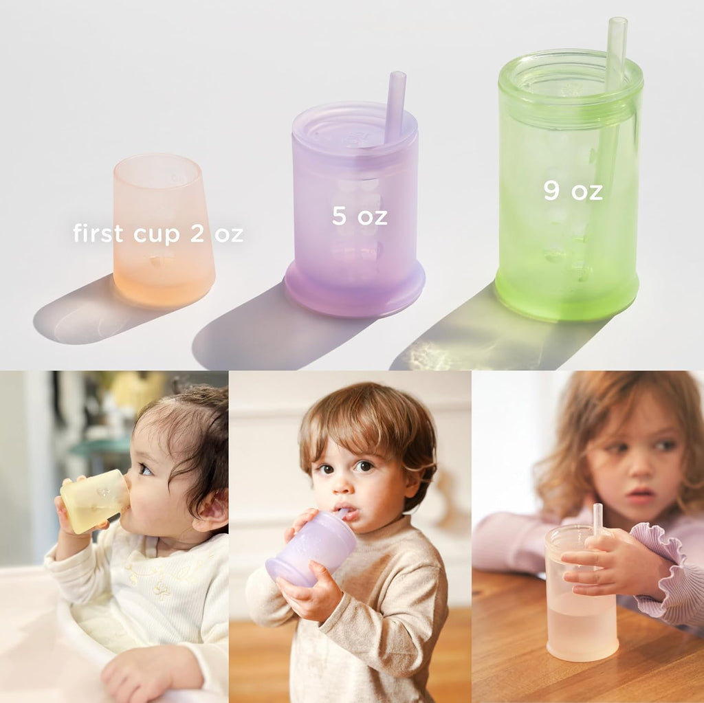 Olababy First Cup | Clear Sense 100% Silicone Infant Trainer Cup | 2oz Medicine Cup for Newborn | Non-Slip & Sloping Design for Tiny Hands & Baby Led Weaning (Blueberry/Mint, 2 Cups)