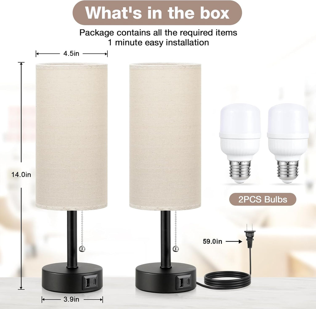 Bedside Lamps for Bedroom Set of 2 - Nightstand Table Lamp with USB A + C Charging Port, 3 Color Temperatures Pull Chain Night Stand Light, Side Table Desk Reading Lamp for Living Room/Dorm Room