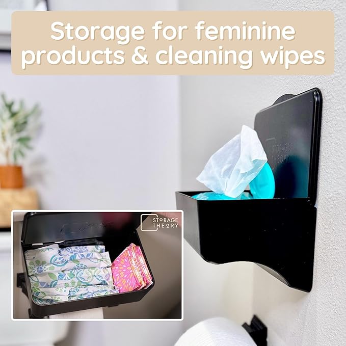 Wipe Holder for Bathroom – Adhesive Wall Mount Organizer for Wet Wipes – Bathroom Toilet Wipes Shelf & Baby Wipe Holder Dispenser, Organize Feminine Products – Black, 1 Pack