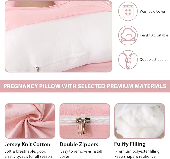 Amagoing Pregnancy Pillow, 57 Inch U Shaped Maternity Full Body Pillow for Sleeping, Support for Women with Hip, Leg, Back Pain, Washable Jersey Cover, Gift for Pregnant Women (Pink)