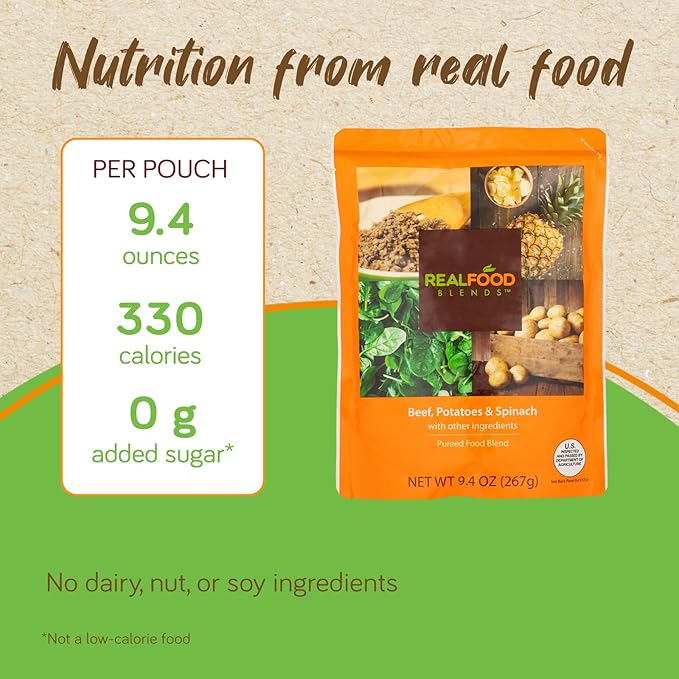 Real Food Blends Beef, Potatoes & Spinach - Pureed Food Meals for Tube Feeding with Protein, Vegetables & Fruits - 330 Calories for Lunch & Dinner - 9.4 oz (Pack of 12)