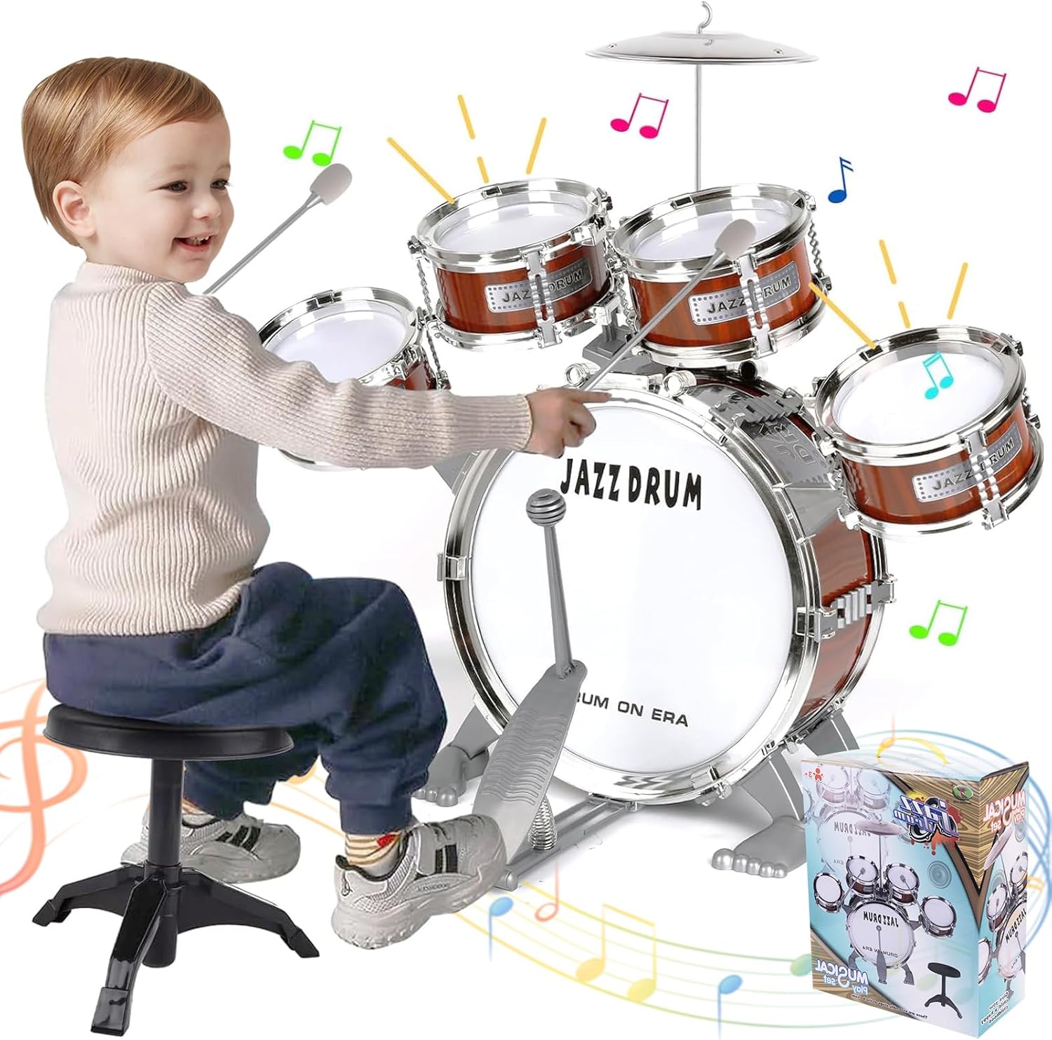Kids Drum Set, Toddler Jazz Drum Kit Music Toys 5 Drums Percussion Musical Instruments Birthday Early Education Xmas Gift Toys for 3 4 5 6 Year Old Girls Boys
