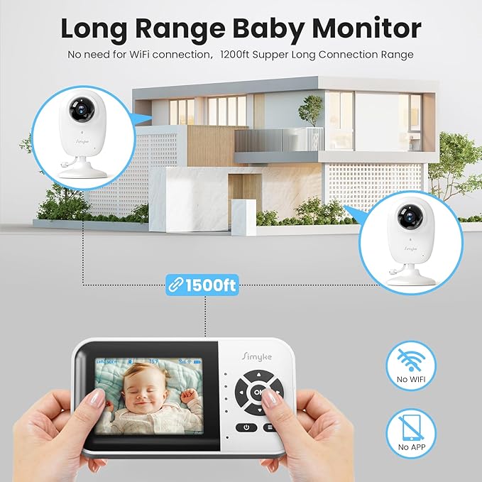Smart Baby Monitor with 2 Cameras and Audio,App,Long Range,Night Vision,Temperature Sensor,2 Way Talk, Feeding Clock and lullabies,Home Use