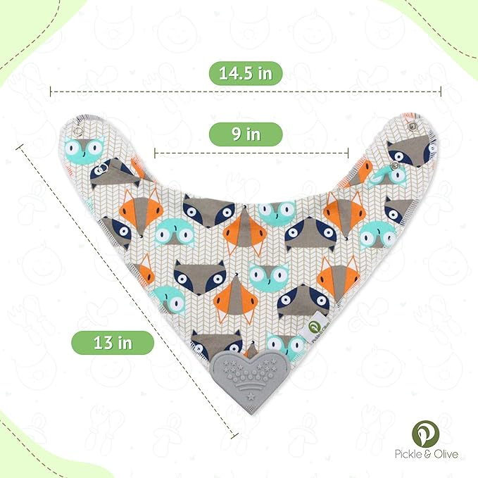 Pickle & Olive Baby Bandana Teething Bibs with Attached Teether - Set Of 4 - Orange Fox