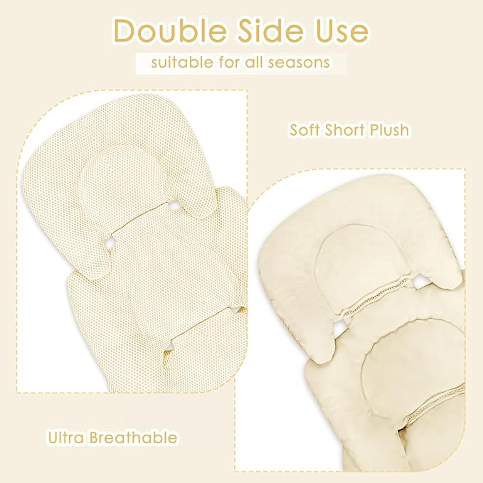 Infant Car Seat Insert for Newborn Girls Boys, Summer Mesh Baby Carseat Head Support with Strap Pads, Soft Reversible Baby Car Seat Insert Cushion Pad for Car Seat, Stroller, Bouncer, Swing, Beige