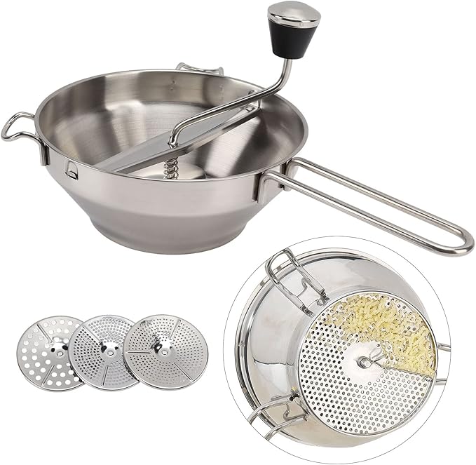 Stainless Steel Food Mill With 3 Milling Discs - Rotary Food Mill for Tomato Sauce, Applesauce, Puree, Mashed Potatoes, Jams, Baby Food