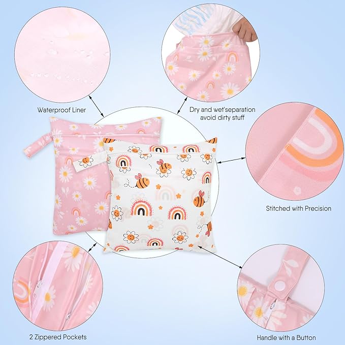 2pcs Cloth Diaper Wet Dry Bags, Waterproof Reusable Wet Bag with 2 Zipper Pockets & Handle, Washable Laundry Bags for Baby Adult Clothes Travel Beach Pool Daycare Yoga Gym Exercise Swimsuits,