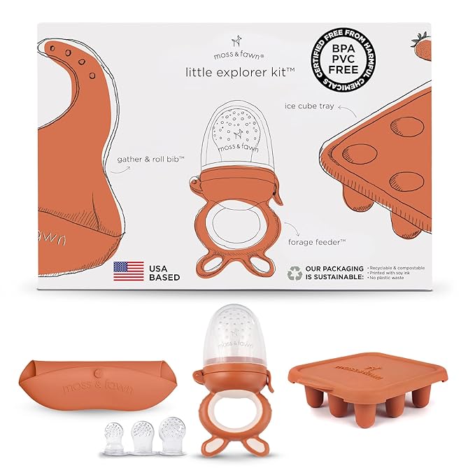 Moss and Fawn Little Explorer Kit - Silicone Frozen Breast Milk Popsicle Kit with Forage Feeder, Teething Popsicle Ice Cube Tray, & Gather & Roll Baby Feeding Bib - BPA, PVC, & Lead-Free - Terracotta