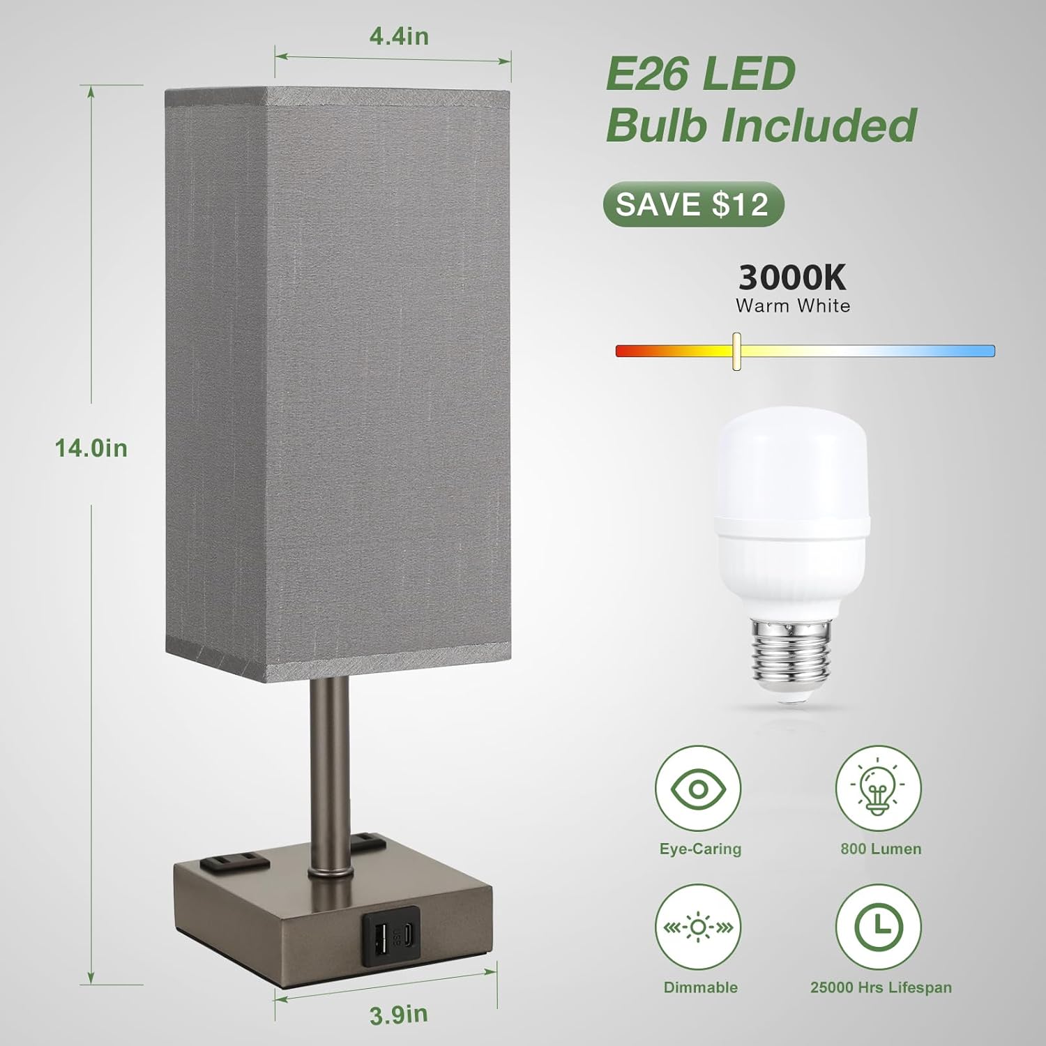 Dark Grey Touch Lamps Set of 2 - Nightstand Lamp with USB-C + A Charge Ports & AC Outlets, 3-Way Dimmable Bedside Lamp, Small Table Lamp Light for Bedroom (Bulb Included)