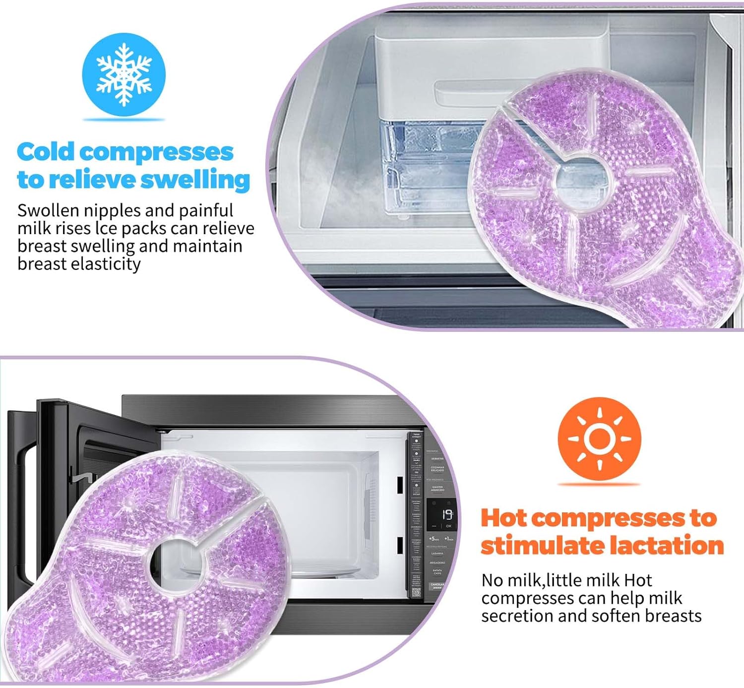 Breast Therapy Ice Packs, Hot and Cold Breast Pads, Breastfeeding Essentials Large Gel Bead Packs for Moms, 2 Pack (Purple, L)