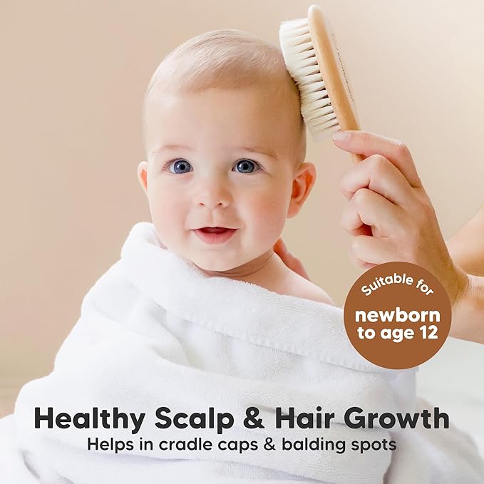 Wooden Baby Hair Brush - Cradle Cap Baby Brush with Soft Goat Bristles, Perfect Gentle Scalp Newborn Comb for Infant, Girls, Boys, Bath Essentials (Walnut, Oval)