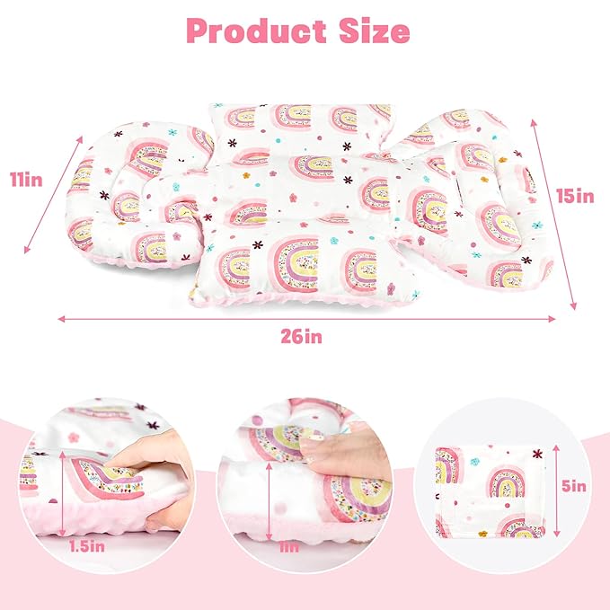 Infant Car Seat Insert with 3 Strap Covers, 3 in 1 Reversible Rainbow Baby Car Seat Head Support for Newborn, Baby Girl Newborn Essentials for Preemie to Infant, Stroller, Swing, Bouncer (Pink)