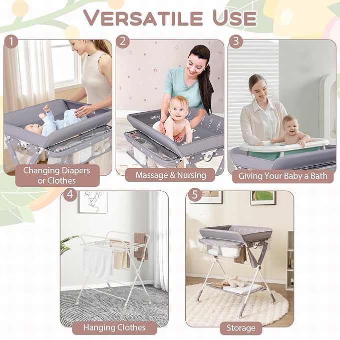 BABY JOY Portable Baby Changing Table, Foldable Diaper Changing Station with Wheels, Adjustable Height, Large Storage Rack, Trash Can, Mobile Nursery Organizer for Newborn Infant (Gray)