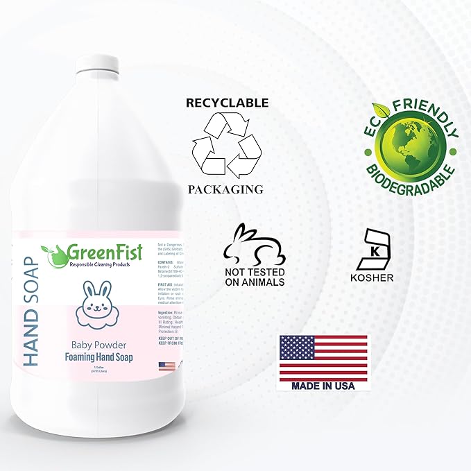 GreenFist Foaming Hand Soap Refills Baby Powder Scent Jug Foam Refill Made in USA, 128 ounce (1 Gallon)