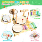 Kids Drum Set for Toddlers, Montessori Wooden Musical Instruments Preschool Educational Baby Musical Toys, Xylophone Bell Music Sensory Toys Birthday Gifts for Girls Boys