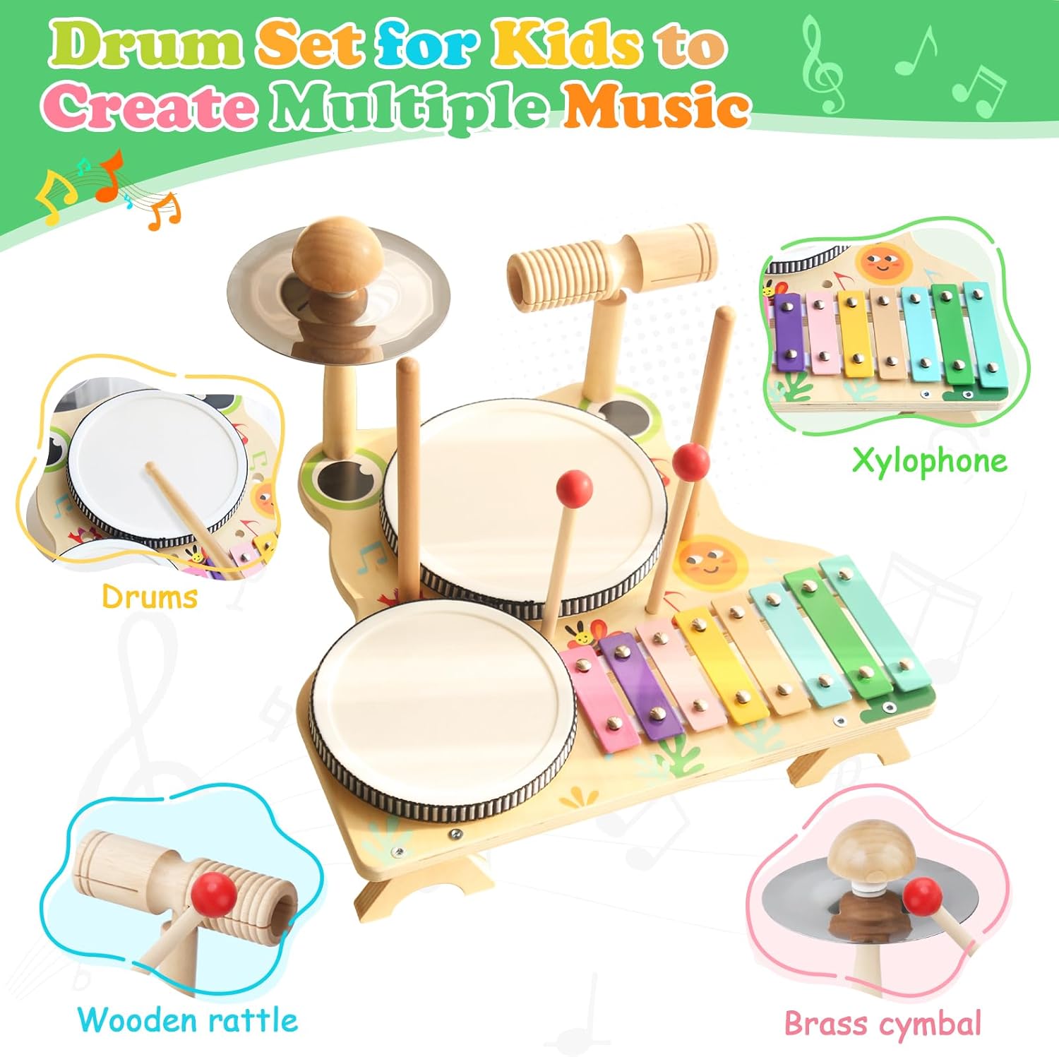 Kids Drum Set for Toddlers, Montessori Wooden Musical Instruments Preschool Educational Baby Musical Toys, Xylophone Bell Music Sensory Toys Birthday Gifts for Girls Boys
