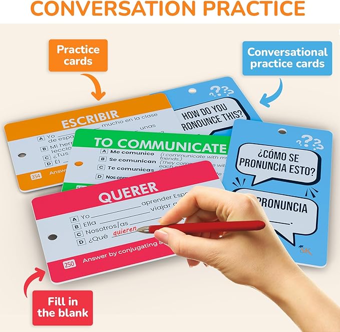 500+ Spanish Vocabulary Flash Cards for Adults & Kids Ages 15+ - Verb Conjugation, Nouns, Adjectives & Phrases to Learn Spanish for Adult Beginners Flashcards