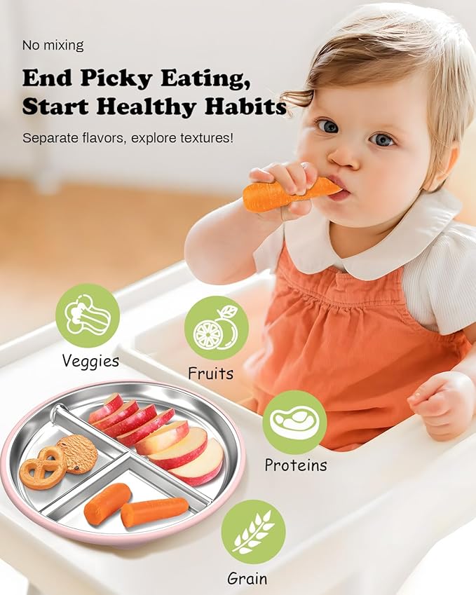 Stainless Steel Baby Plate with Suction, 8” Divided Toddler Plates with Removable Silicone Sleeves for Kids, Non-Toxic Non-Slip Unbreakable Dishwasher Safe Dinnerware Set of 2, Pink & Beige