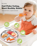 Stainless Steel Baby Plate with Suction, 8” Divided Toddler Plates with Removable Silicone Sleeves for Kids, Non-Toxic Non-Slip Unbreakable Dishwasher Safe Dinnerware Set of 2, Pink & Beige