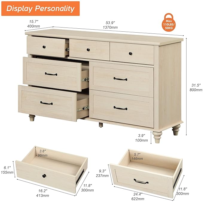 WAMPAT Beige Baby Dresser with 7 Drawers, Kids Dresser Wooden Dressers for Kids Room, Dressers Cabinet Storage Organizer for Bedroom, Children's Bedroom & Nursery