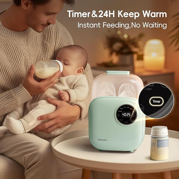 Baby Bottle Warmer, Felizbebe 10-in-1 Double Bottle Warmer for Breastmilk or Formula, Accurate Temperature Control, Timer, Sterili-zing, Defrost, Heat Food, Keep Warm, Breast Milk Warmer for Baby