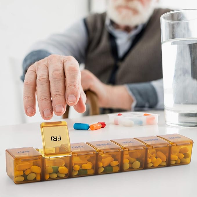 BUG HULL Weekly Pill Organizer Large 2 Packs, Extra Large Travel Pill Organizers, Pill Box 7 Day, Travel Pill Case, Medicine Pill Organizer for Vitamins, Supplements and Medications (Brown+White)