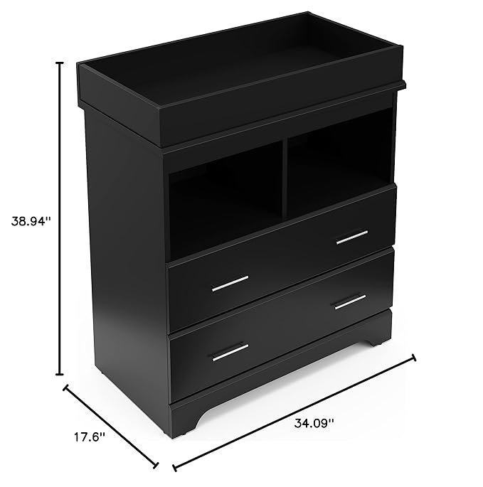 Storkcraft Brookside 2 Drawer Changing Table Dresser (Black) – GREENGUARD Gold Certified, Easy-to-Match Chest of Drawers and Cubbies for Nursery and Kids Bedroom, Includes Changing Table Topper