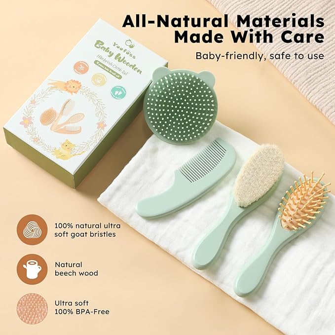 Yoofoss 4 Piece Baby Hair Brush and Comb Set，Wooden Baby Hair Brush with Natural Ultra Soft Goat Hair, Baby Comb Set for Boy, Girl - Green