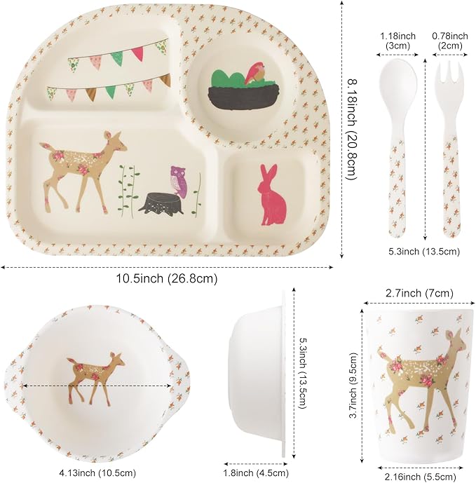 Kids Feeding Set 5 Pcs, Tableware Set for Toddlers Includes Plate Bowl Cup Fork and Spoon Utensil Flatware, Kids Flatware Set Dishwasher Safe, BPA Free (Giraffe)