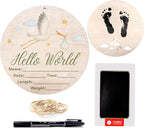 Hello World Baby Announcement Sign, Stork Newborn Sign, 6.7 Inch Round Wooden Name Sign for hospital, With Ink Pad for Hand and Footprints, Marker Pen, Baby Photo Prop & Keepsake