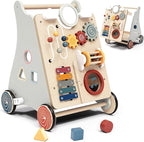 Baby Push Walker with Detachable Busy Board, Wooden Baby Walker with Adjustable Speed Wheels, Montessori Push Walker for Babies, Push Walking Toys for Boys & Girls 1 Year Old, Gifts for Toddler