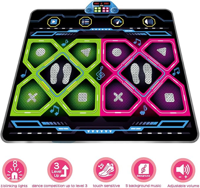 Upgraded 2-Player Kids Dance Mat, Interactive Electronic Dance Pad for Girls &Boys Ages 3-12, Premium Speaker with Built-in Adjustable Volume Music, Ideal Birthday & Holiday Family Dance Game Toy Gift