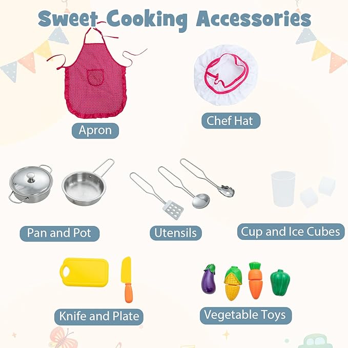 Costzon Kids Kitchen Playset, Pretend Cooking Toys w/Washing Basin, Real Lights & Sounds, Microwave, Oven, Blackboard, Ice Maker, Range Hood, Stoves, 2-PieceCorner Wooden Play Kitchen for Kids 3+