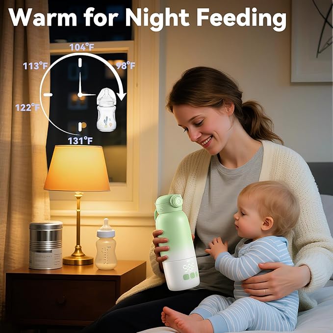 Portable Bottle Warmer, Large 12oz Capacity with Dual Heating Modes for Breast Milk & Water, Smart Temperature Control, Long Battery Life, Bottle Warmer for Outdoor, Airplane & Car Travel, Green