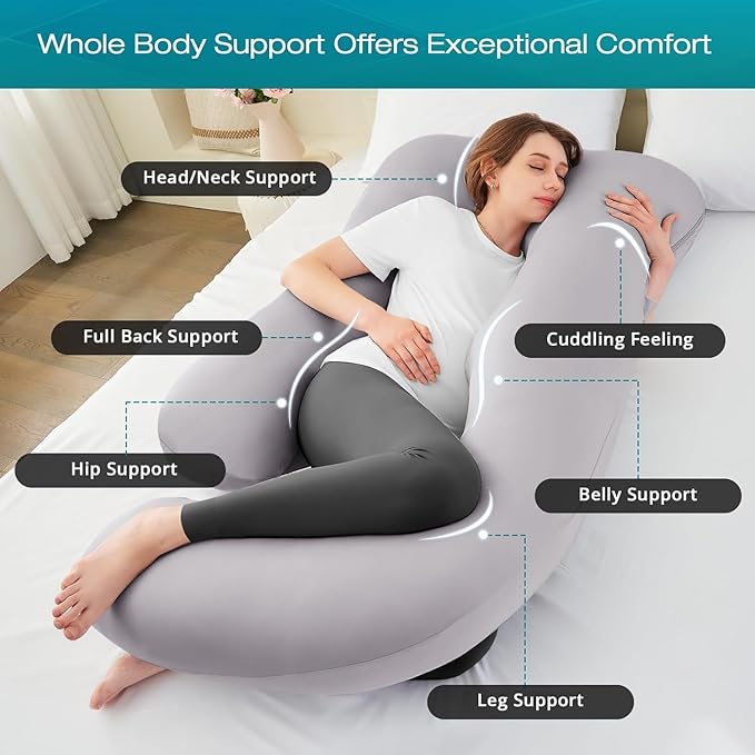 Sasttie Pregnancy Pillows for Sleeping, Jumbo U Shaped Cooling Full Body Pillow with Removable Cover, Pregnant Women Must Haves, Maternity Essential, Light Grey