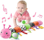 LIGHTDESIRE Baby Toys Musical Caterpillar,Infant Toys Stuffed Animals with Mirror,Ruler Design,Pull String&Rattles,Sensory Toy for Tummy Time Boy Girl Newborn Gifts 3 6 12 Months(Rose Pink,Knot Limb)