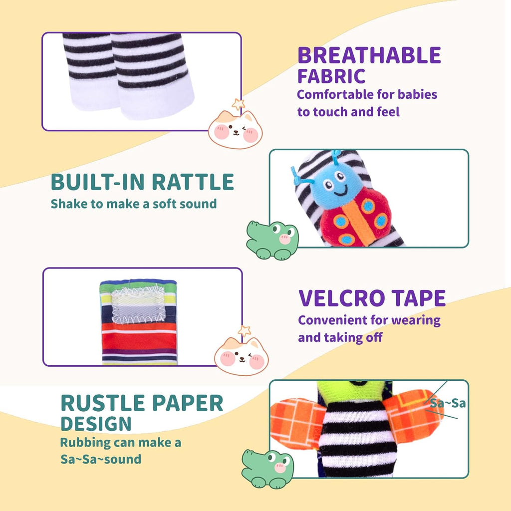 4-Piece Baby Wrist Rattle & Foot Finder Socks - Animal Rattle, Cartoon Design, 0-24 Months