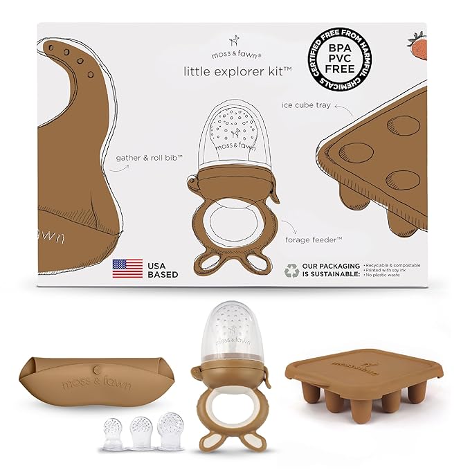Moss and Fawn Little Explorer Kit - Silicone Frozen Breast Milk Popsicle Kit with Forage Feeder, Teething Popsicle Ice Cube Tray, & Gather & Roll Baby Feeding Bib - BPA, PVC, & Lead-Free - Foliage