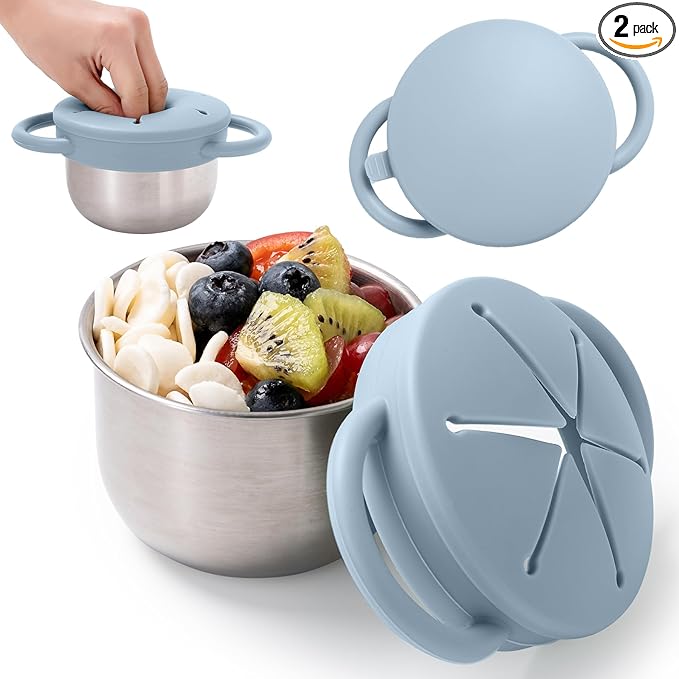 1 Pack Snack Containers for Toddlers, 3-in-1 Stainless Steel Toddler Snack Cups with Removable Silicone Food Catcher & Travel Lids, No-Spill Snack Container for Baby Self-feeding