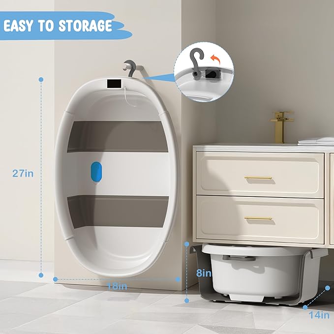 Collapsible Baby Bathtub, 3s to Install, Baby Bath Tub with Soft Cushion & Thermometer, 0-36 Months Newborn Bathtub, Portable Travel Baby Tub, Grey