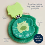 Itzy Ritzy Crinkle Teether Toy – Silicone Frog Teething Toy with Crinkly Lilypad & Plush Velour Layer; Features Multiple Textures for Teething Relief; Designed for Ages 3 Months and Up (Frog)