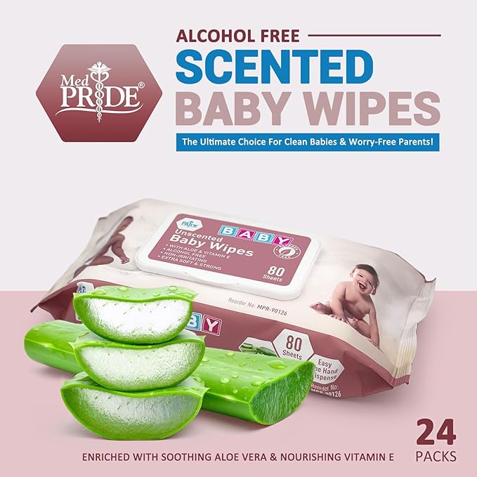 MED PRIDE Unscented Baby Wipes Bulk, 12 X 80 Ct =960 Wipes Total, Alcohol-Free, Aloe Vera & Vitamin E, Extra Soft & Strong, Paraben-Free, Non-Irritating