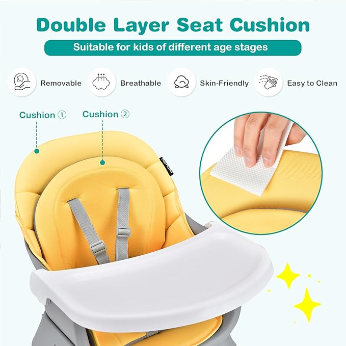 KOTEK Baby High Chair, 8 in 1 Convertible Highchairs for Babies and Toddlers, Building Block Table, Booster Seat, Toddler Chair with Removable Tray, Safety Harness, Dual Cushions (Yellow)