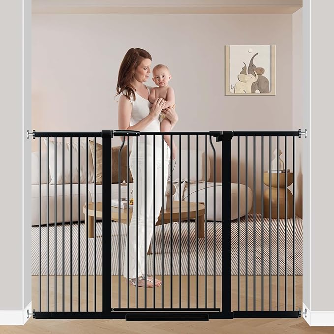 40.5" Extra Tall Baby Gate No Drill, 54.7"-60.2" Extra Wide Dog Pet Gate Indoor Outdoor, Safety Child Toddler Gate, Metal Tension Auto Close No Climb Fence Pet Cat Gate for Stairs, Black